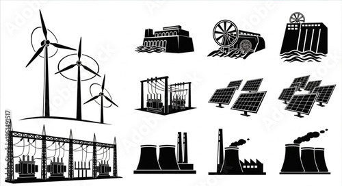 Diverse Energy Sources - Wind Turbines, Coal, Hydro, Solar, and Nuclear Power.