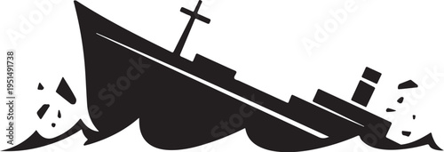Sinking ship with cross on mast in black silhouette on white