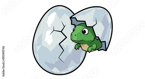 Cute cartoon baby dinosaur hatching from a cracked egg, isolated on a white background. Adorable illustration of new life and beginnings.