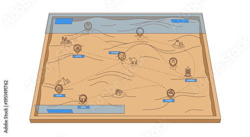 Stylized 3D map with locations, routes, and icons, representing a fantasy world or game board