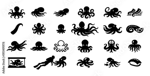 Octopus Silhouette Set Marine Life Ocean Icons Black Vector Collection