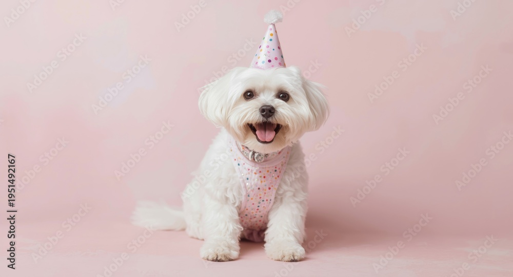 Obraz premium Maltese dog in colorful party accessories posing joyfully on soft pastel backdrop for celebrations