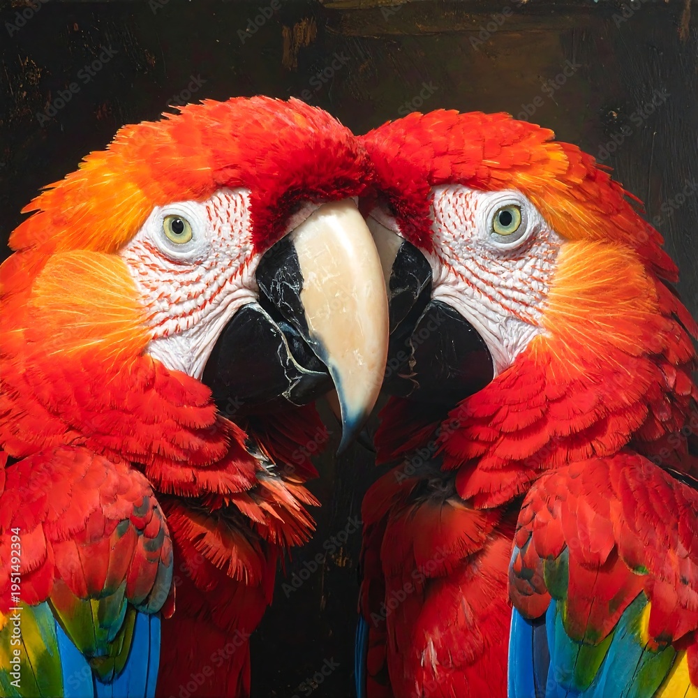 Fototapeta premium A close-up of two vibrant red macaws with bright eyes