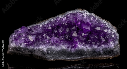 Natural amethyst druse exhibiting bright purple crystals highlighted by dramatic dark backdrop