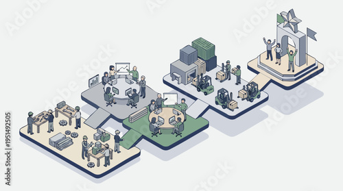 Isometric illustration of a modern logistics and supply chain process with warehouse, production, and delivery stages