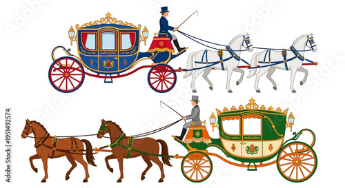 Elegant horse drawn carriages and riders depicted in a vintage illustration style