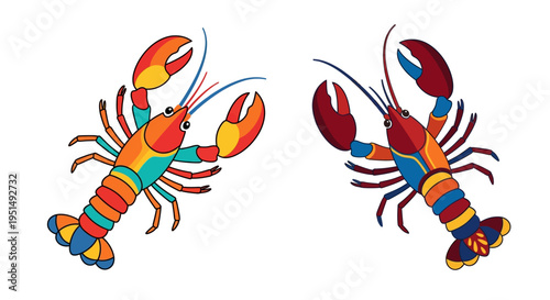 Two colorful lobsters illustrated with vibrant patterned shells and claws