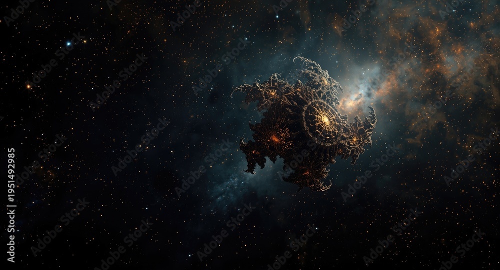 Fototapeta premium Fractal generated by software floating in star filled space