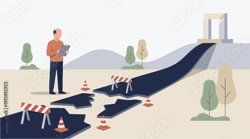 Man inspecting a damaged road with construction barriers and traffic cones near a dam or lock infrastructure outdoors
