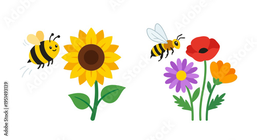 Cartoon illustration of bees with sunflowers poppies and other flowers
