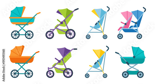 Colorful baby strollers in a variety of styles and designs