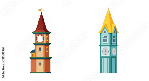 Two colorful illustrated clock towers with unique architectural styles