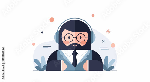 Cartoon man with headphones and beard, wearing a suit, working