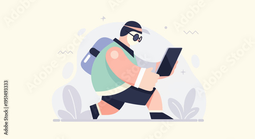 Cartoon figure wearing glasses and carrying a backpack looks at a tablet