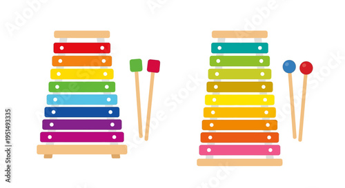 Colorful wooden xylophones and mallets displayed on a white background