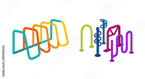 Colorful outdoor fitness equipment arranged against a white background