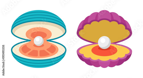 Two colorful oyster shells displaying a single pearl inside each