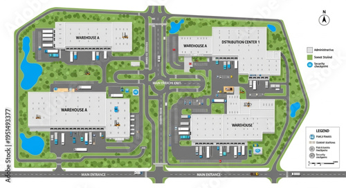 Aerial View of Industrial Park Layout with Multiple Buildings and Green Spaces.