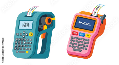 Two colorful handheld label makers displaying home antenna and printing