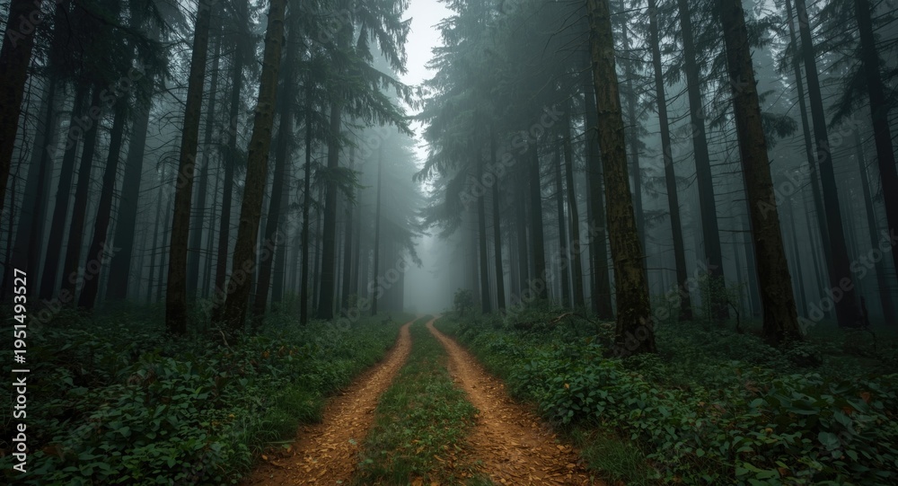 Fototapeta premium Natural forest trail with heavy mist and tall green trees
