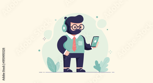Cartoon man with headphones and phone, standing near plants