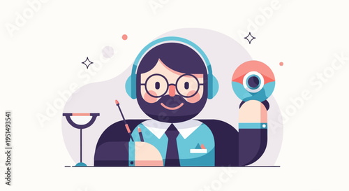 Cartoon man with headphones and webcam, writing and presenting