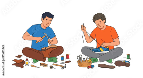 Two young men practice traditional shoemaking and leatherwork skills