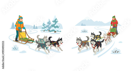 Dog sledding illustration depicts winter activity with people and huskies