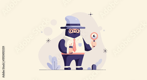 Cartoon investigator in hat and glasses holds magnifying glass and phone