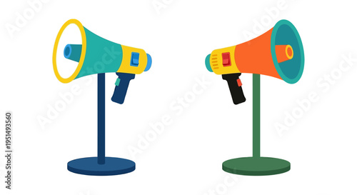 Two brightly colored cartoon megaphones stand on circular bases