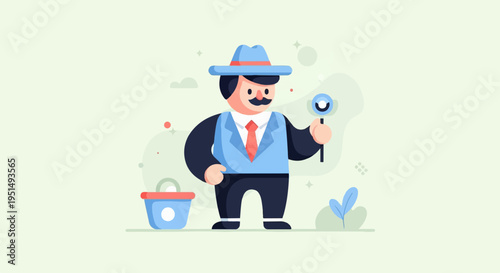 Cartoon man in a hat and suit holds a magnifying glass next to a basket