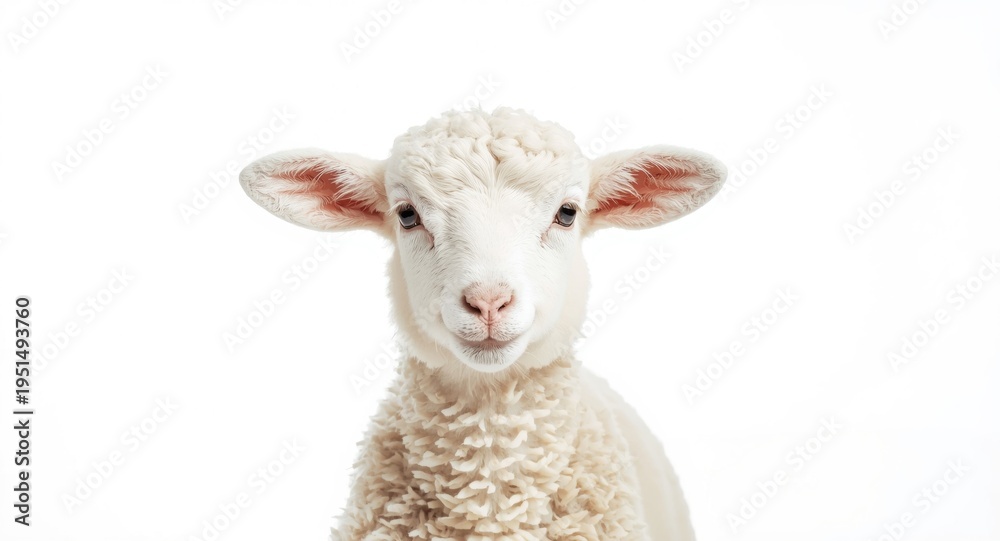 Fototapeta premium Playful lamb and white sheep front view headshot against a bright white studio backdrop