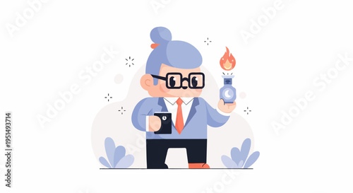 Cartoon character in a suit with glasses, holding a flask with fire