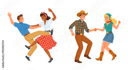 Four people joyfully swing dancing in a colorful cartoon style illustration