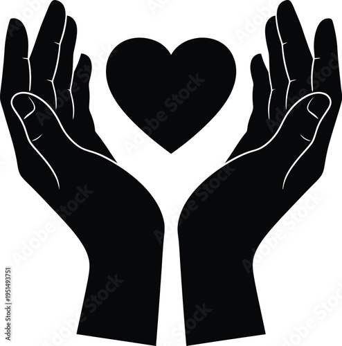 A minimalist black and white icon illustration showing two hands gently cupping a heart symbol Vector