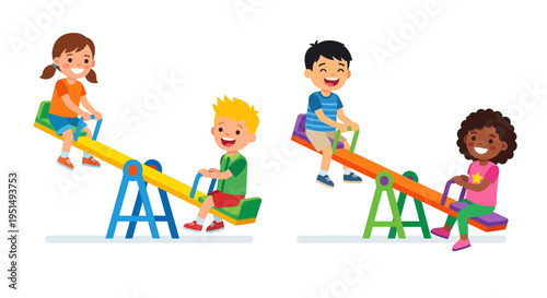 Four children happily playing together on a colorful seesaw outdoors
