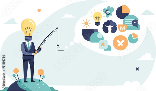 Businessman with a lightbulb head fishing for ideas amidst abstract symbols