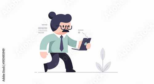 Businessman in suit rushing with laptop, data streams around him