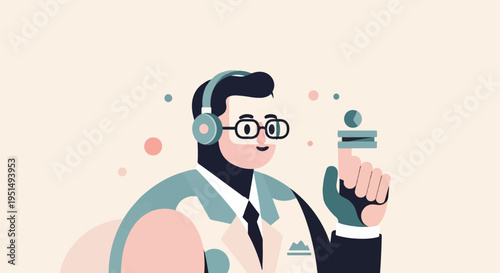Cartoon person in headset, glasses, and suit interacting with digital element