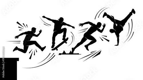 Silhouettes of people skateboarding in motion.