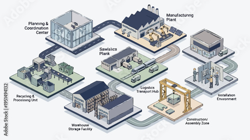 Modern industrial manufacturing plant illustrating logistics, warehouse, assembly, and processing facilities for efficient production and distribution