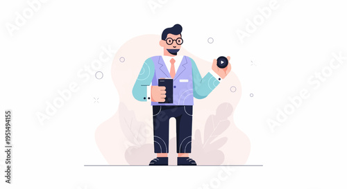Businessman holding phone and play button icon in abstract background