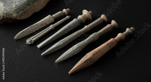 Set of finely crafted Acheulean flint hand tools with burin points on black