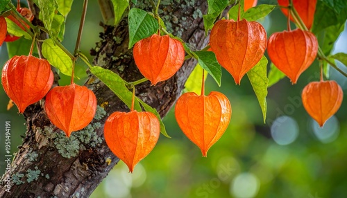 Heart-shaped orange lantern flowers hanging from a tree branch