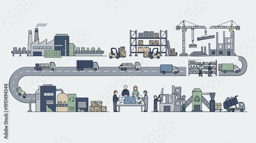 Supply Chain Production Line with Construction and Manufacturing Activities, Including Factory Workers and Industrial Equipment