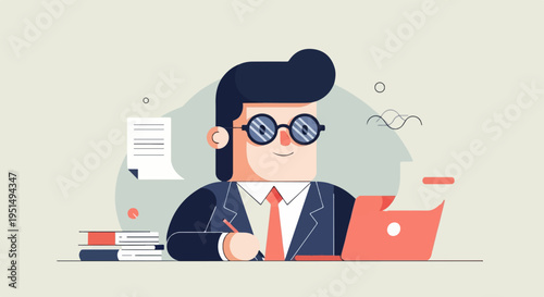 Cartoon man in glasses, suit, tie, with laptop and books, working