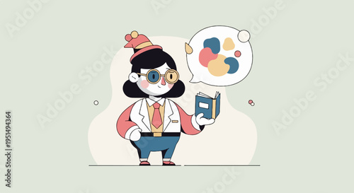 Cartoon character in lab coat with book and thought bubble