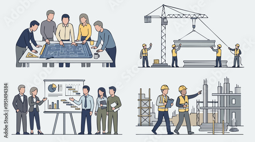 Team of Engineers and Architects Collaborating and Overseeing Construction Projects at a Building Site and Planning Session
