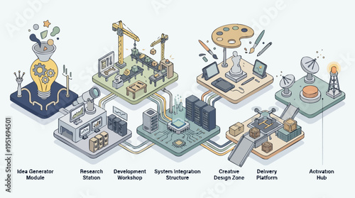 Technology and Innovation Concept Illustration Featuring Idea Generation, Development, and Delivery System Modules