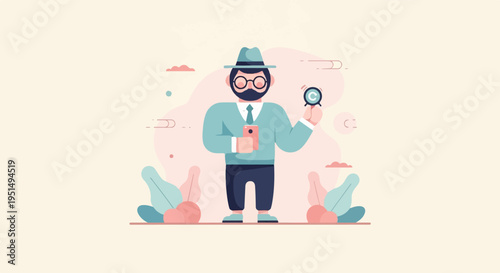 Cartoon man in hat and glasses holds phone and magnifying glass